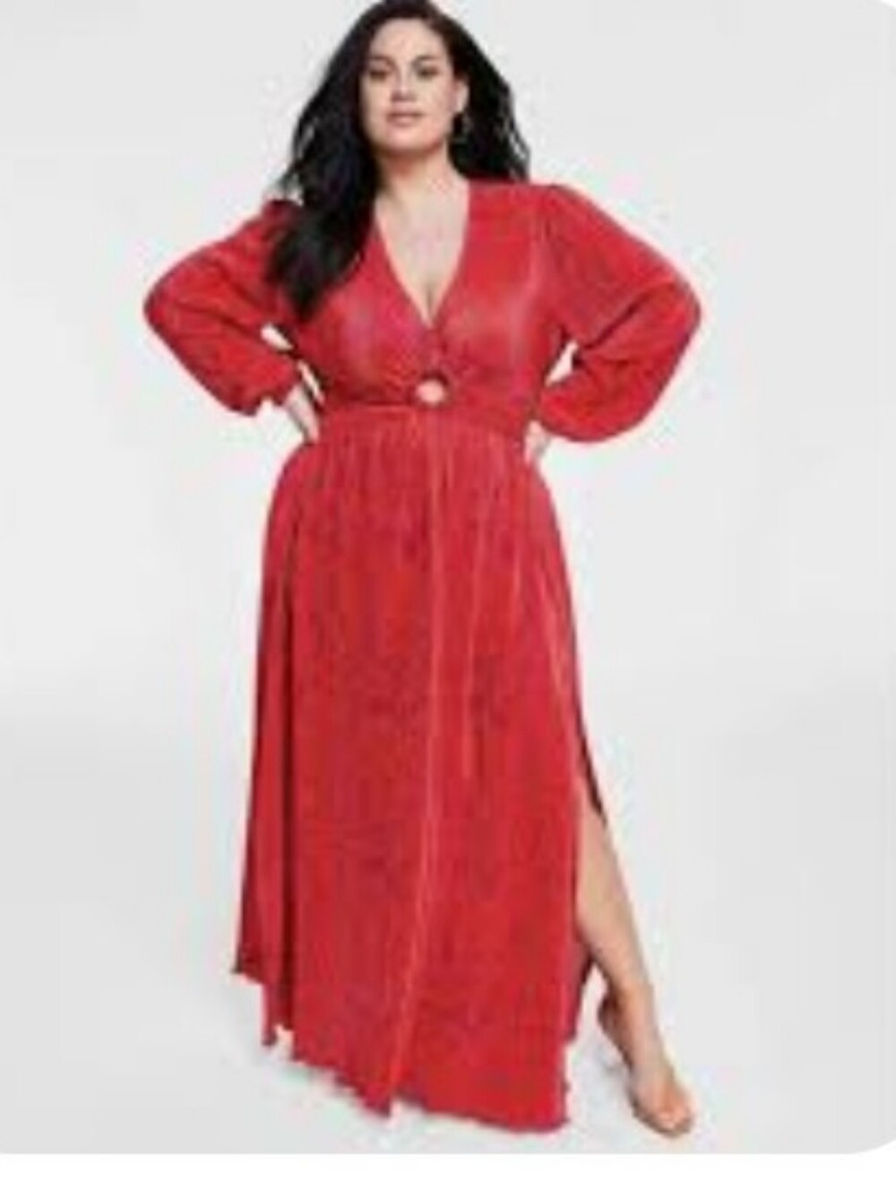 Nina Parker Women's Printed Keyhole Pleated Long Sleeve Maxi Dress 1X